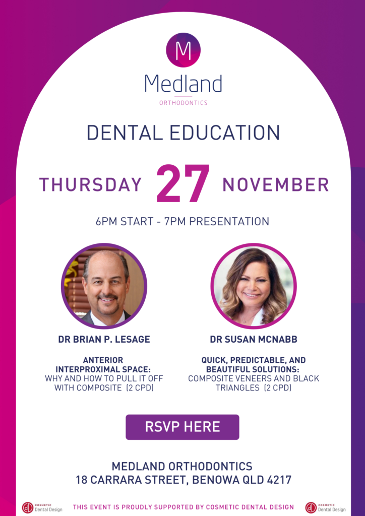 Colourful graphic highlighting a Dental Education event for Dental Professionals on the Gold Coast, Queensland. There will be a presentation from Dr Brian P. LeSage on Anterior Interproximal Space: Why and How to Pull It Off with Composite, and a second presentation by Dr Susan McNabb titled 'Quick, Predictable, and Beautiful Solutions: Composite Veneers and Black Triangles. Attending each presentation will earn 2 CPD points, up to a total of 4 CPD points if attendees attend both presentations on the evening.